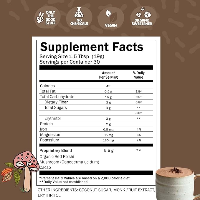 Renude Reishi Cacao – Mushroom Hot Chocolate Mix, Coffee Alternative with Magnesium, Organic Cacao Powder with Reishi for Sleep Support – 10 Servings