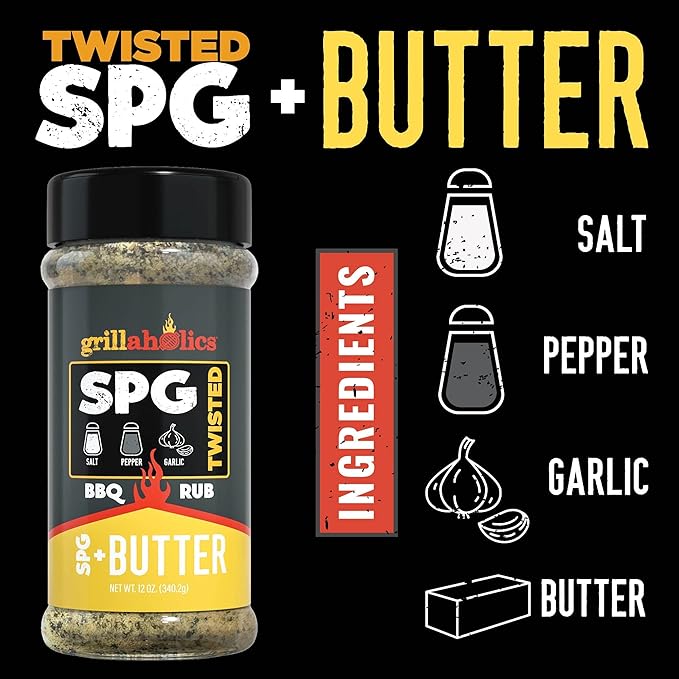 Grillaholics SPG + Butter Seasoning - Premium SPG (salt pepper garlic) BBQ Rub Blended with 100% Real Wisconsin Butter Buds - Perfect Buttery Beef Brisket, Burgers & Steak Seasoning - Made in the USA