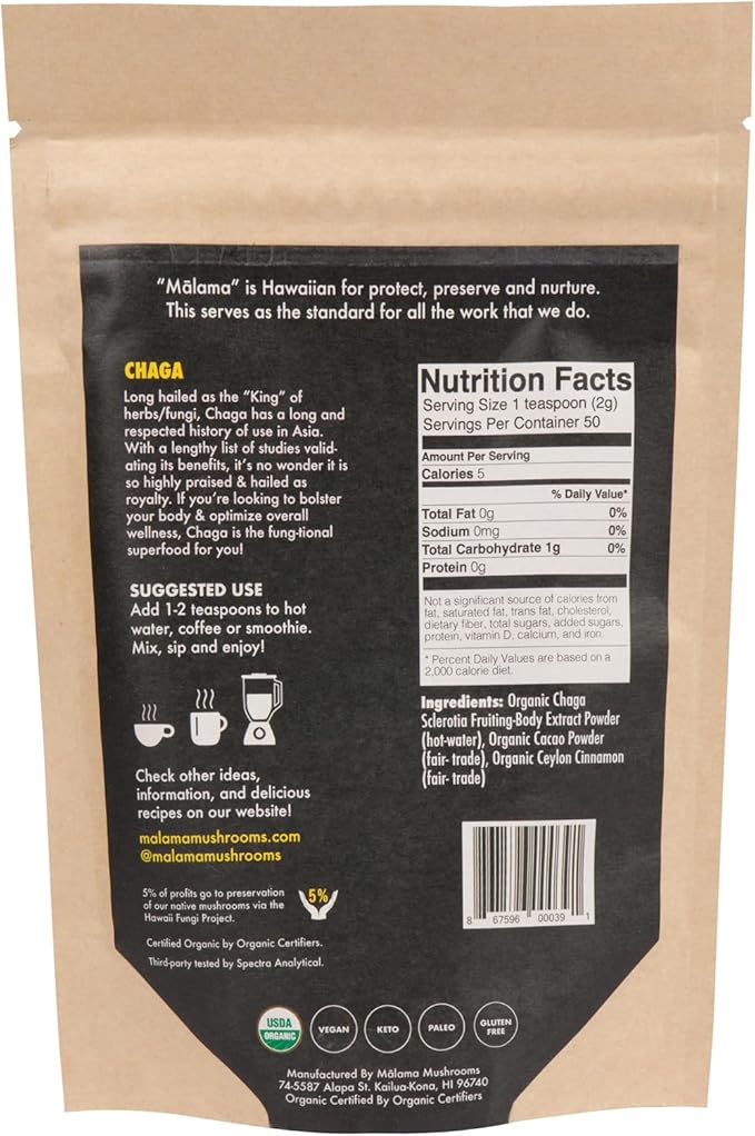 Malama Organic Mushroom Hot Cacao Mix, Chaga Mushroom Powder with Fair Trade Cacao for Immune & Antioxidant Support ??Vegan Supplement & Superfood, Non GMO, 3.5 oz (50 Servings)