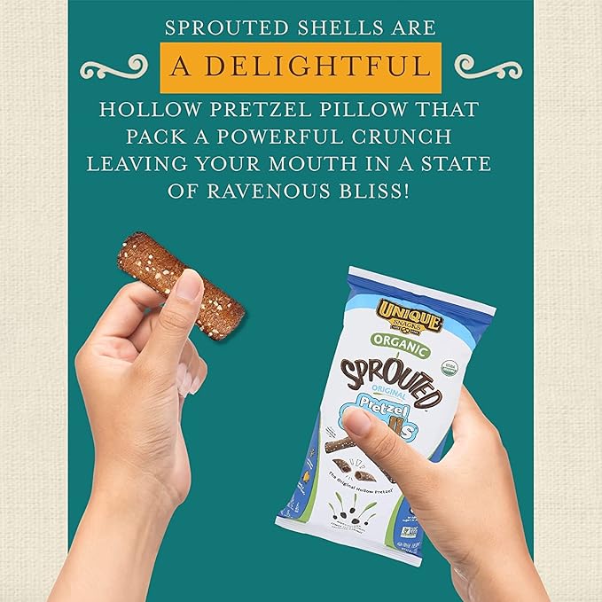 Unique Snacks Sprouted Pretzel Shells, Delicious Homestyle-Baked Snack Bag, Vegan, OU Kosher Pretzels, Non-GMO Office Snacks, 8 Oz. Bag, Pack of 6
