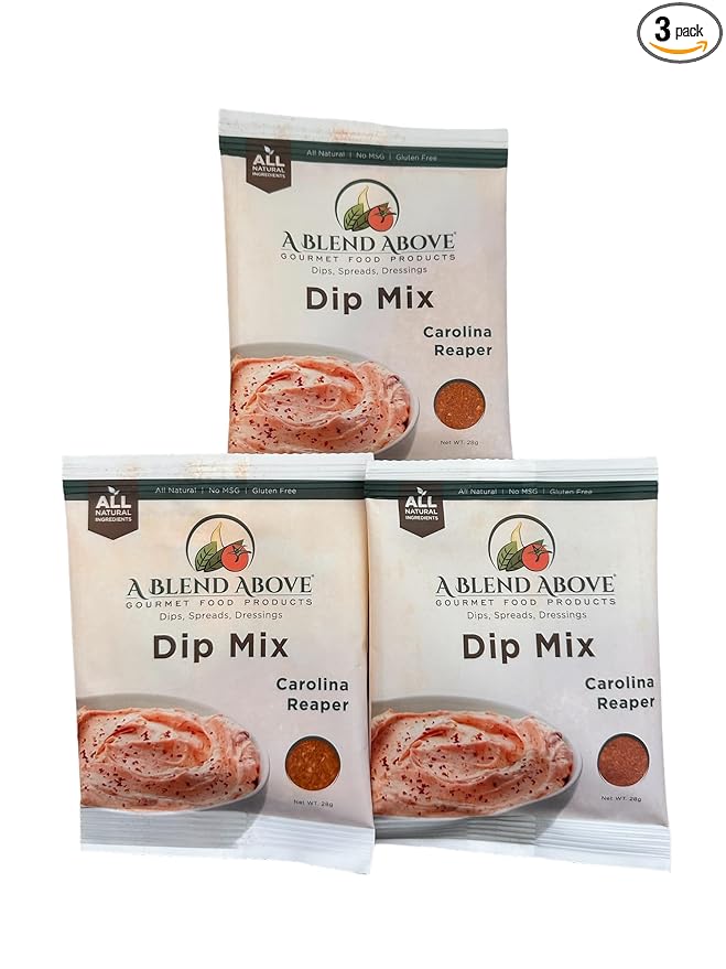 A Blend Above Carolina Reaper Spicy Dip Mix Gourmet Food, 1 oz Packet (3 Pack), Spicy Dip, Gluten-Free, No MSG, All Natural, No Preservatives, Vegetable Dip, Keto Friendly, Low Carb, Easy to Make