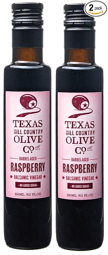Raspberry Balsamic Vinegar - Gourmet Barrel Aged Infused Balsamic Vinegar - Great for Dressing Dipping Glazing - No Artificial Flavors or Added Sugar - Made in Texas (8.5 oz, 2 Pack)