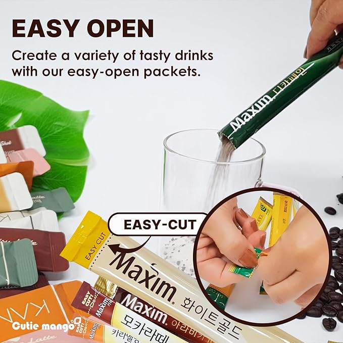 CUTIE MANGO Instant Coffee Mix Packets Single Serve - Korean Variety Coffee Sampler 20 Sticks of 4 Different Flavors, Maxim White, Mocha Gold, Original, Decaf (5 Sticks Each)