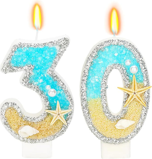 Birthday Candle for Cake, Beach Starfish Sequins Candles, 2.76 inch Cake Topper Decoration for Birthday Party (Number 30)