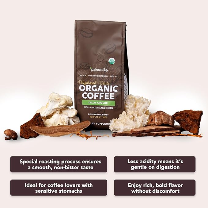 Paleovalley Organic Ground Coffee, 10 oz - Decaf, Low Acid, Single-Origin, Polyphenol-Rich, Infused with Mushrooms & Coffee Fruit Extract