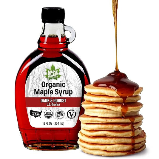 Maple Valley Organic Pure Maple Syrup, Dark & Robust Better Than Pancake Syrup, Use for Coffee or All-Natural Sugar Substitute in Cooking and Baking (12oz Glass Bottle)