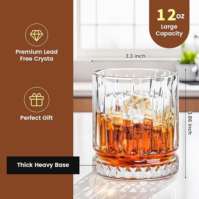 Whiskey Glass Set of 4ï¼?2 oz Bourbon Glass, Lead-Free Crystal Old Fashioned Glass Set, Suitable for Scotch Whisky, Cocktails, Home Bar Parties, Unique Gift for Men and Women