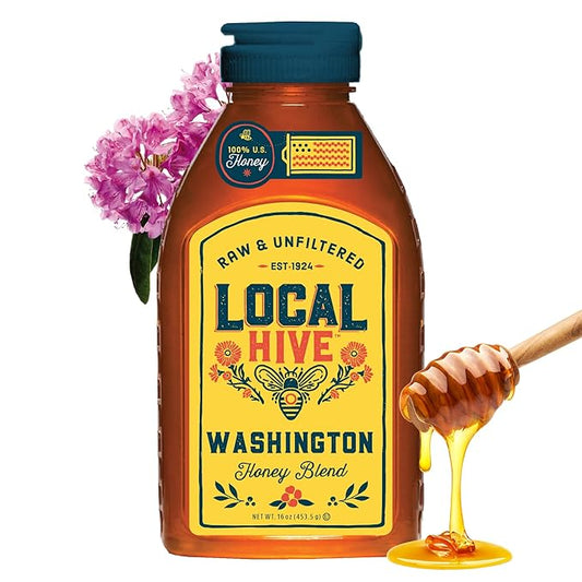 Local Hive Washington Raw Unfiltered Honey – 16 oz, 100% Pure US Honey, Sourced from American Bees and Beekeepers - Natural Sweetener, Ideal for Tea, Baking, and Cooking