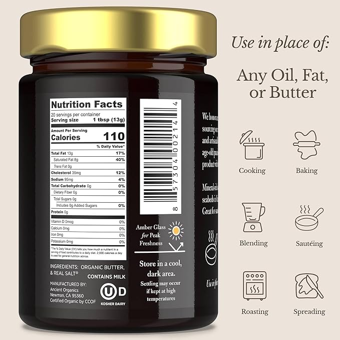 Ancient Organics Salted Ghee - Organic Grass Fed Ghee Butter, Gluten Free, Clarified Butter, Vitamins & Omegas, Lactose Reduced, Kosher, USDA Certified - 9 Oz (Pack of 1)