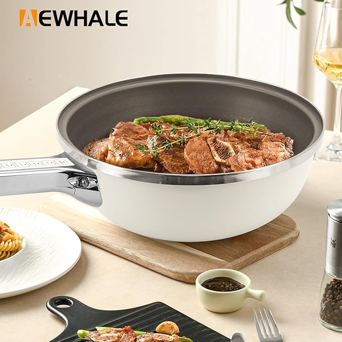 AEWHALE Hot Pot Electric,5L Multifunctional Electric Pot for Cooking,1600W Non-Stick Frying Pans for Steak, Egg, Ramen, Soup with Temperature Adjustment竊?Titanium Stainless