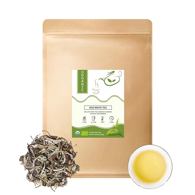 KHS Premium Organic White Tea, 3.53 Oz USDA Certified Grade A White Tea, Aged White Leaves with Fresh And Sweet Flavor, White tea Loose Leaf with Simple and Natural Methods