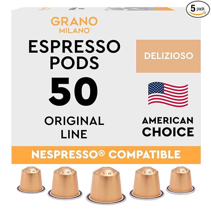 Grano Milano Delizioso Coffee Capsules - 50 Aluminum Coffee Pods Compatible with Nespresso Original line,100% Arabica Medium Roast - Intensity 6/12, Made in Italy