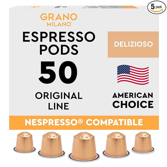 Grano Milano Delizioso Coffee Capsules - 50 Aluminum Coffee Pods Compatible with Nespresso Original line,100% Arabica Medium Roast - Intensity 6/12, Made in Italy