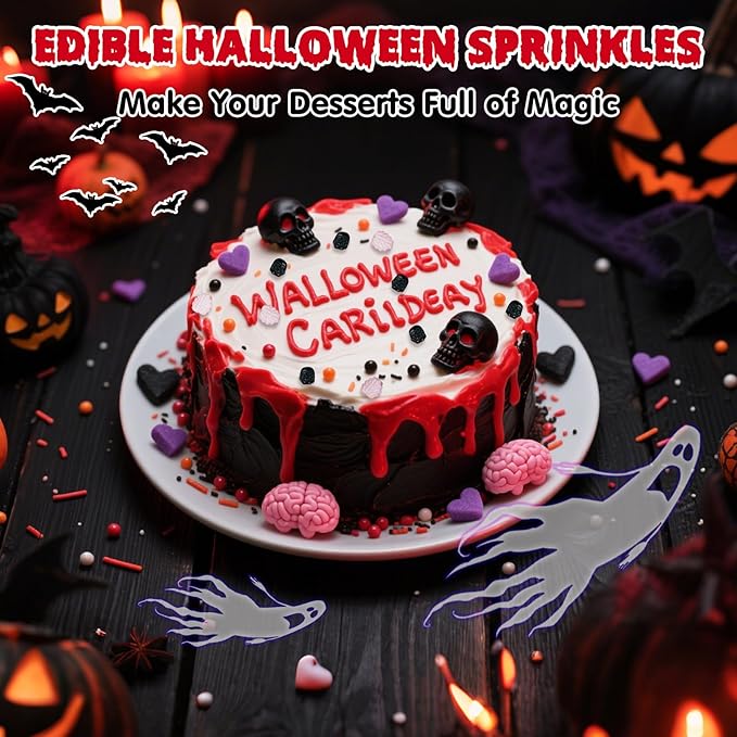 Edible Halloween Sprinkles,Purple Heart Pink Brain and Black Skull Monster, Red Black Pearls and Jimmies Mixed,130g/4.58ounce ,Perfect for Cake Decorations, Baking, Ice Cream, Cookies, Cupcake Topper,Halloween Supplies Children's Party