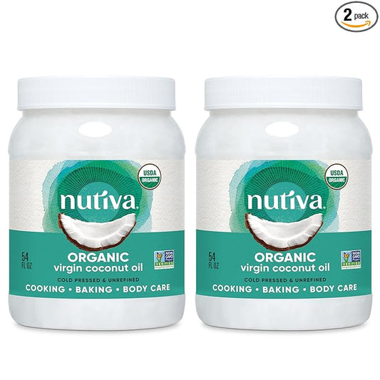 Nutiva Organic Coconut Oil 54 fl oz, Cold-Pressed, Unrefined Cooking Oil, Natural Hair Oil, Skin Oil, Massage Oil, USDA Organic, Extra Virgin Coconut Oil (Aceite de Coco) (Pack of 2)