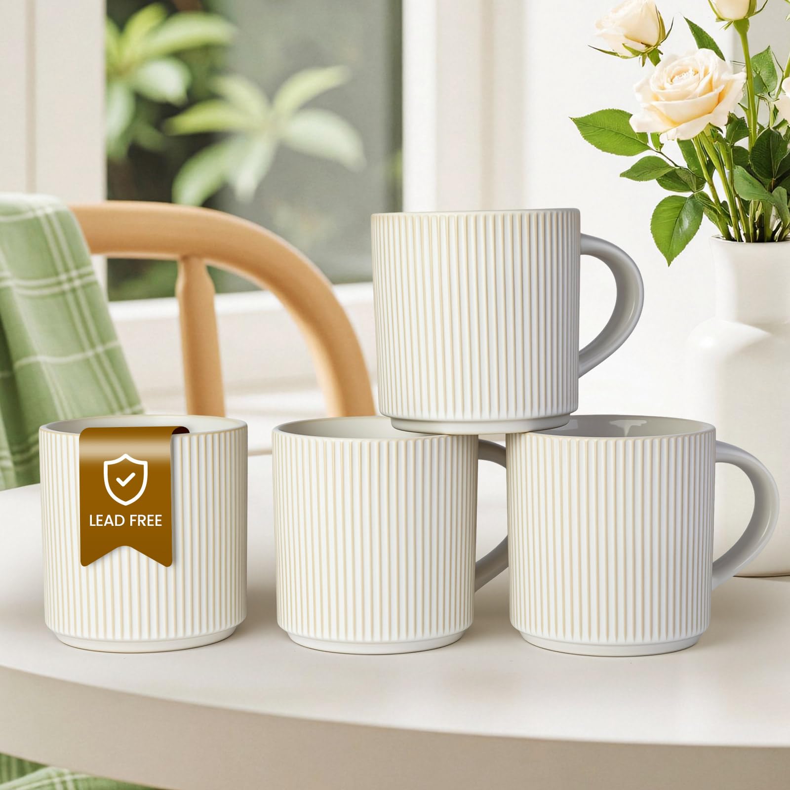 DeeCoo Matte White Coffee Mugs Set of 4, 12 Ounce Mug with Handles, Ceramic Stoneware Catering