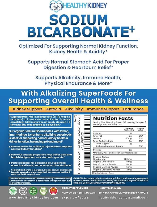 Organic Use Sodium Bicarbonate Alkaline Supplement for Alkalinity. Support Kidneys & Stomach Acid Neutralizer w/Alkaline Superfoods. Sodium Bicarbonate Powder Kidney Immune Support Antacid Sports 1LB