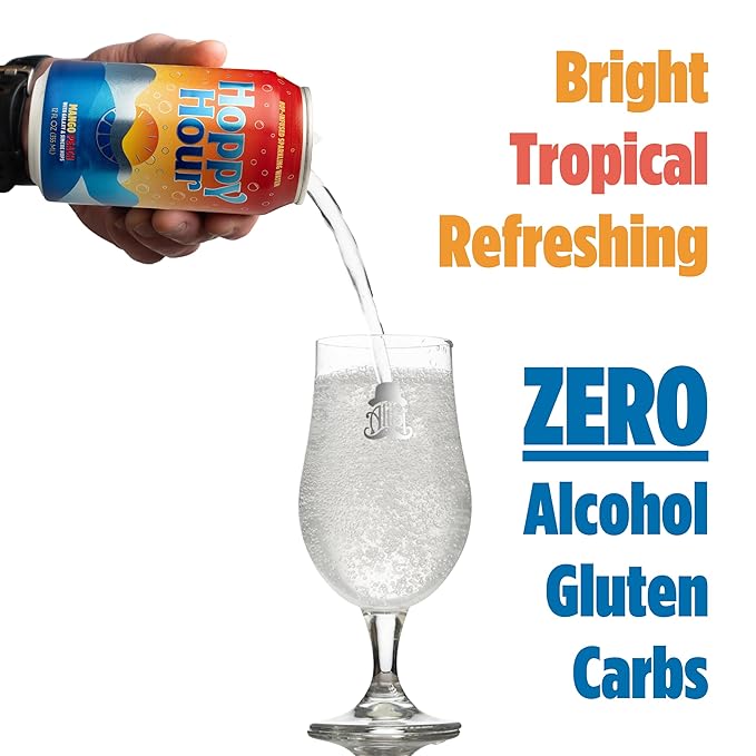 Hoppy Hour Sparkling Hop Water, Non-Alcoholic and Adaptogens Drink, Zero Sugar and Calories, Tasty Topical Mango Peach Flavor, 12 oz Cans (12-Pack)
