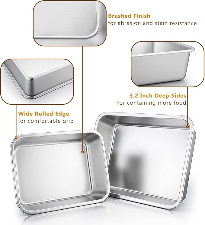 Deep Lasagna Pan Set of 2, E-far Stainless Steel Rectangular Roasting Baking Pans, 12.75 x 10 & 10.6x8.3 Inches Roaster Baking Dish, Non-Toxic & Heavy Duty, Dishwasher Safe