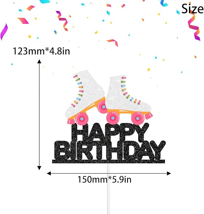 White Roller Skating Happy Birthday Cake Topper - Neon Roller Skating Party Retro Rock Disco Themed Party Decoration Supplies for Boys or Girls - SugarGera