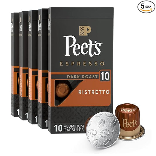 Peet's Coffee, Dark Roast Espresso Capsules, Compatible with Nespresso Original Machine - Ristretto Intensity 10, 50 Count (5 Boxes of 10 Espresso Capsules)