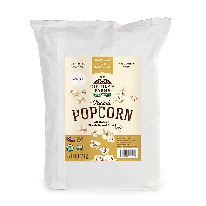 Organic White Popcorn Kernels Unpopped 25 lb Bulk - Healthy, Non-GMO, Gluten-Free, Pesticide-Free, Chemical-Free, Glyphosate-Free, Grown in Regenerative Soil in Wisconsin USA by Doudlah Farms