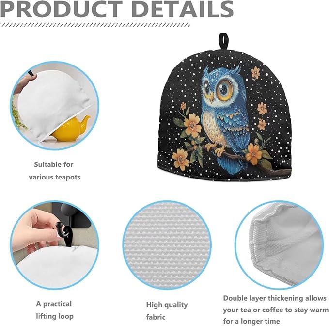 Owl Flower Twig Print Tea Cozy for Teapots Tea Cosy Tea Cover Keep Warm Tea Pot Dust Cover Insulated Kettle Cover for Home Kitchen Decorative Accessories