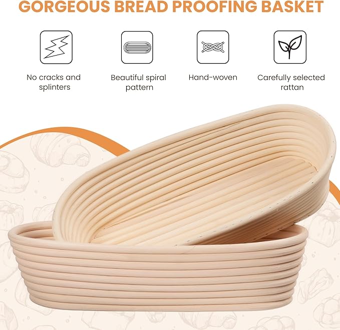 KIKCOIN Banneton Bread Proofing Basket, 12 Inch Oval Sourdough Bread Baking Supplies, Sourdough Proofing Basket Set of 2, Sourdough Starter Kit for Home Baking
