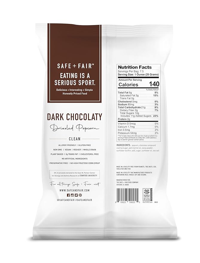 Safe + Fair Food Company Plant-Based Gourmet Chocolate Flavored Popcorn - Dark Chocolaty Drizzled Kettle Corn popcorn - Non-GMO + Gluten-Free Snacks,5.5oz,6 Pack