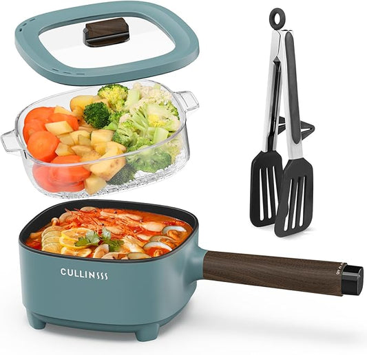 2L Electric Pot with Steamer, Portable Hot Pot Electric with Upgrade Honeycomb Nonstick Coating for Dorm, Office, Travel, Multi Cooker Pot for Ramen, Soup, Oatmeal (Tongs Included)
