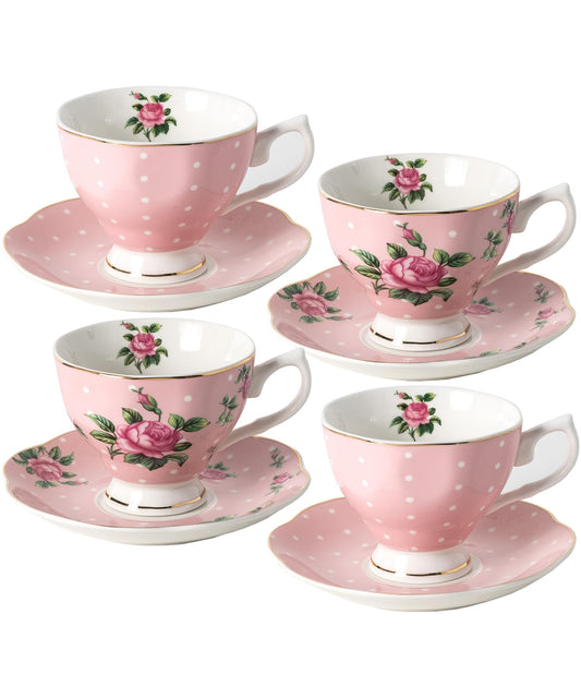 BTaT- Floral Tea Cups and Saucers, Set of 4, 8 oz, Fine Porcelain Teacup Set with Gold Trim for