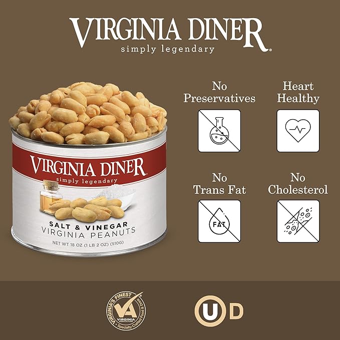 Virginia Diner - Salt and Vinegar Seasoned Extra Large Virgnia Peanuts 18oz in Resealable Can for Snacking or Gifting