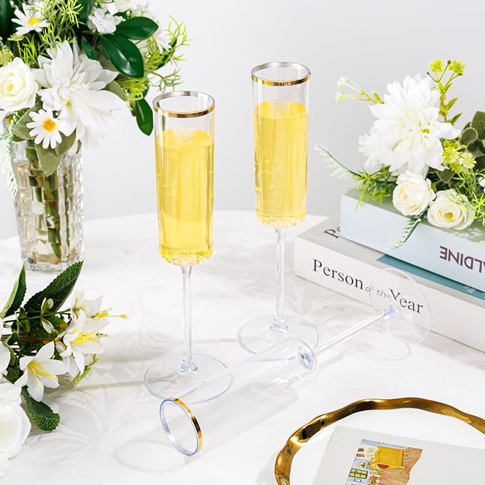 Ciaell 24 Pack Plastic Champagne Flutes - 6Oz Gold Rim Disposable Champagne Glasses - Square Clear Plastic Toasting Glasses for Party Birthday Anniversary Wedding Thanksgiving