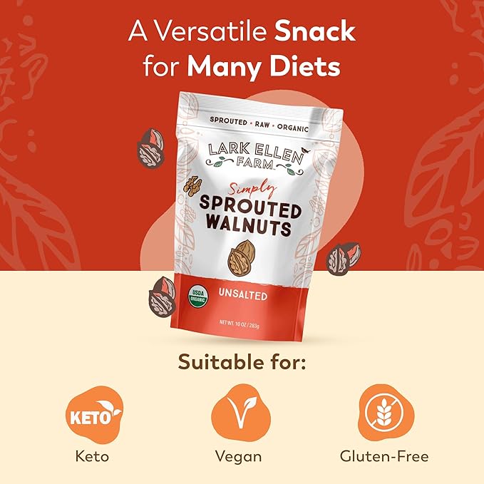 Lark Ellen Farm Organic Sprouted Walnuts ??Raw, Unsalted, Keto-Friendly, Healthy Vegan Snack, Gluten-Free, 10 Oz, 3 Pack