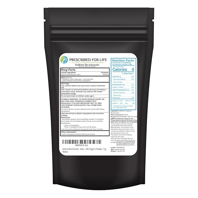 Prescribed For Life Sodium Bicarbonate Powder, Organic Aluminum Free Baking Soda, Bicarbonato de Sodio en Polvo, USP Grade (1kg / 2.2lb)
