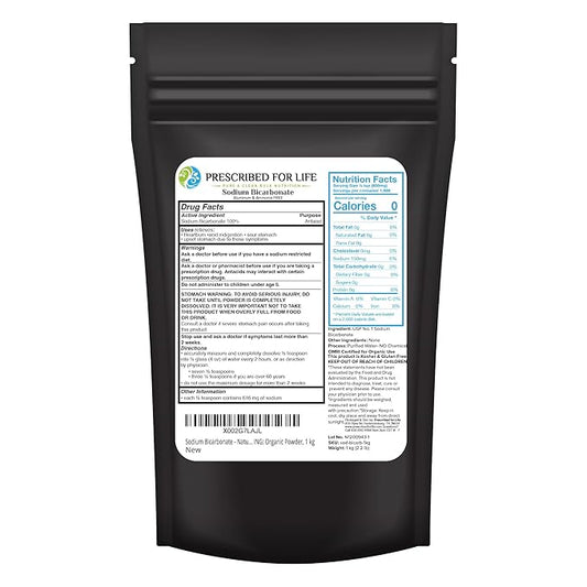Prescribed For Life Sodium Bicarbonate Powder, Organic Aluminum Free Baking Soda, Bicarbonato de Sodio en Polvo, USP Grade (1kg / 2.2lb)