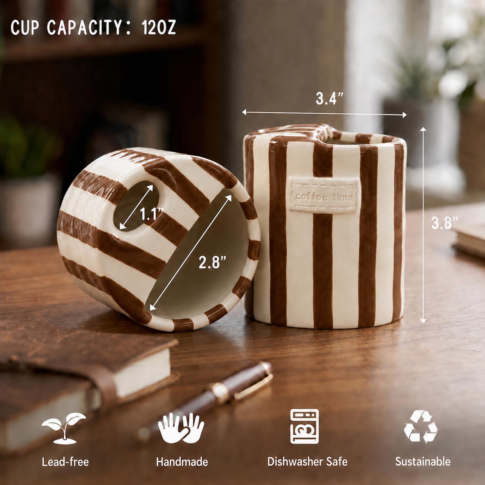 KOIMYSA Ceramic Coffee Mug with Half Lid, 12oz Handmade Retro Striped Travel Mug, Minimalist To Go