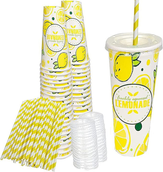 150 Pieces / 50 Sets 20 Oz Lemonade Cups with Lids and Paper Straws - Set of 50 - Lemonade Stand Supplies For Kids and Adults