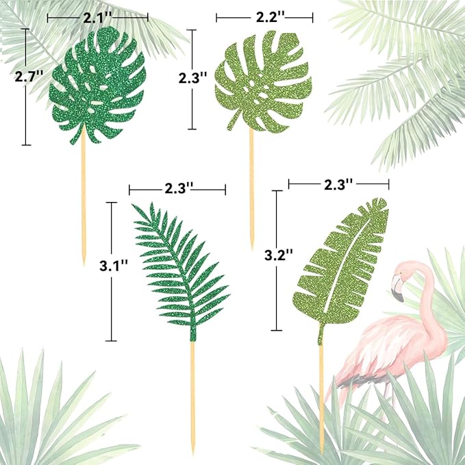 24Pcs Glitter Tropical Cupcake Toppers, Tropical Palm Leaves Cake Topper Aloha Decorations for Summer Luau Hawaiian Theme Baby Shower Birthday Party Supplies(Leaves A)