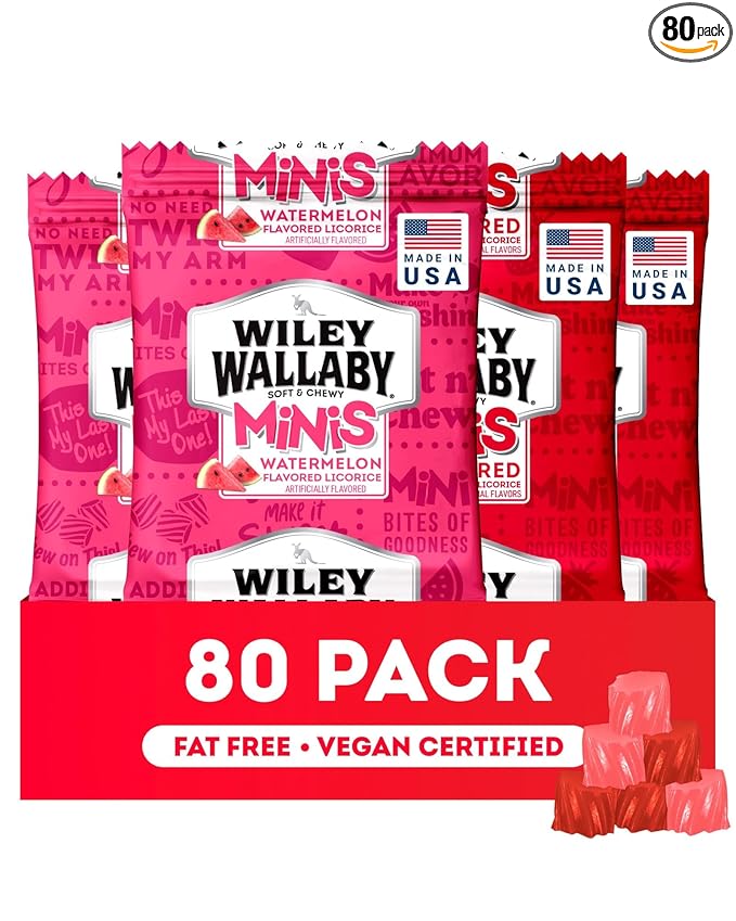 Wiley Wallaby Mini Licorice Bites 0.5 Ounce Classic Gourmet Soft & Chewy Australian Classic Red and Watermelon Licorice Candy Bags, 80 Pack