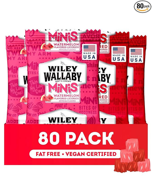 Wiley Wallaby Mini Licorice Bites 0.5 Ounce Classic Gourmet Soft & Chewy Australian Classic Red and Watermelon Licorice Candy Bags, 80 Pack