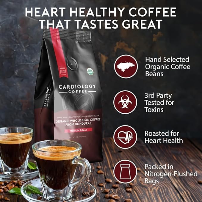 Cardiology Coffee ??Whole Bean Coffee ??USDA Certified Mold-Free 12oz Premium Medium Roast Organic Coffee Beans with Antioxidant Benefits ??Perfect for Heart Healthy Lifestyle