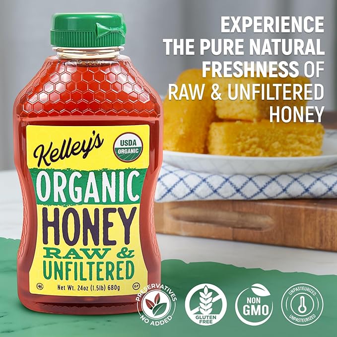 Kelley's 100% Organic Raw & Unfiltered Honey, USDA Certified, 24 Oz – All Natural, Flavor-Rich Honey for Fruits, Yogurt, Smoothies, Acai Bowls, Tea – Natural Sugar Substitute