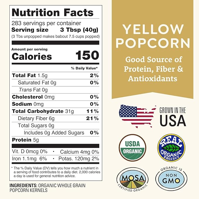 Organic Yellow Popcorn Kernels Unpopped 25 lb Bulk - Healthy, Non-GMO, Gluten-Free, Pesticide-Free, Chemical-Free, Glyphosate-Free, Grown in Regenerative Soil in Wisconsin USA by Doudlah Farms