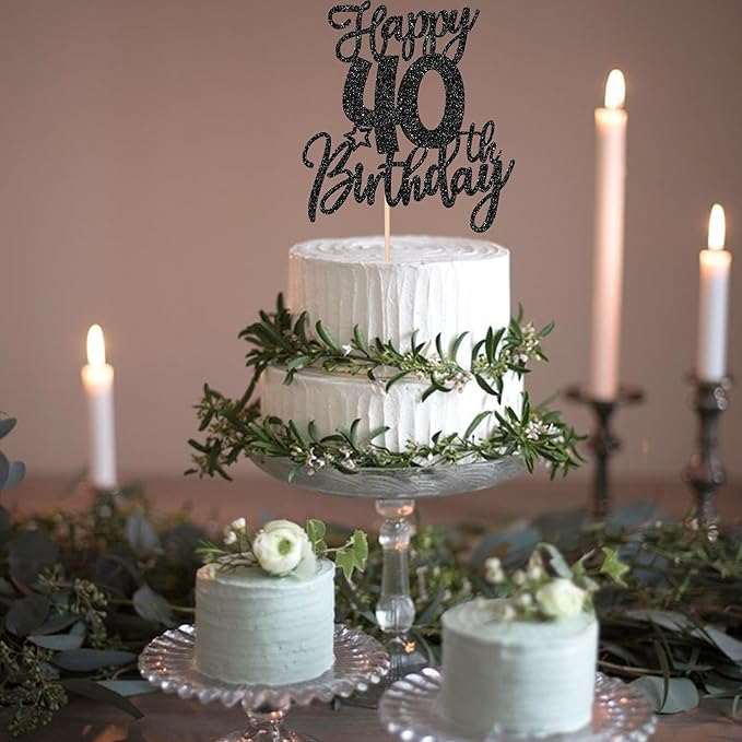 1 PCS Happy 40th Birthday Cake Topper Glitter Cheers to 40 Years Birthday Cake Pick Forty Hello 40 Fabulous Cake Decoration for Happy 40th Birthday Anniversary Party Decorations Supplies Black