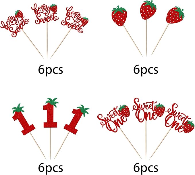 24 Pack Sweet One Cupcake Toppers Glitter First Birthday Strawberry Cupcake Picks for Fruit Baby Shower 1st Birthday Berry Sweet Cupcake Decorations Party Supplies Red