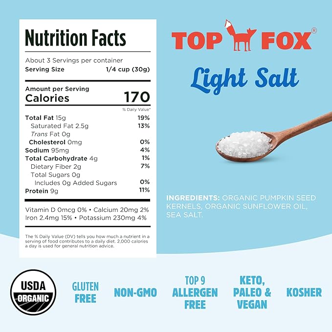 Top Fox Snacks Pumpkin Seeds to Eat (Light Salt, 3.5 oz – 6 Pack) - Gluten Free Snacks, Healthy Protein Snacks, Keto Friendly Snacks, Allergen Free Snacks, Paleo & Vegan - Organic Pop-Roasted