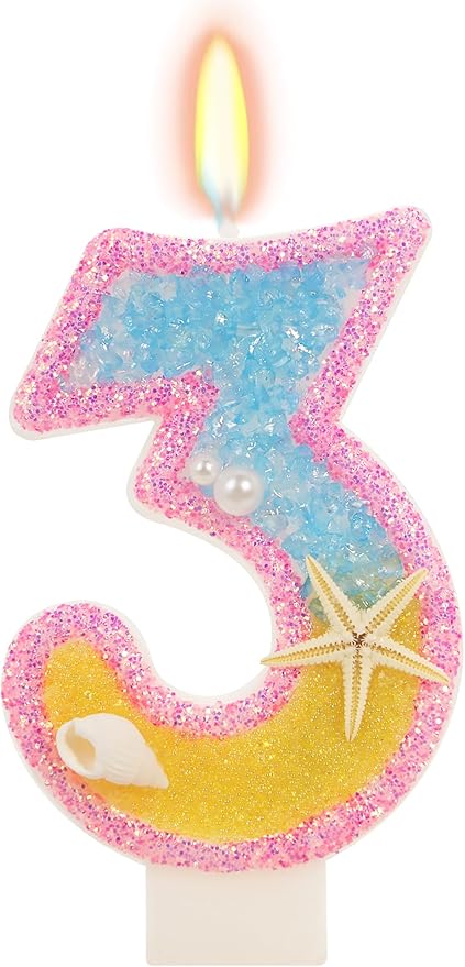 3rd Birthday Candle for Cake, Pink Beach Starfish Sequins Number Cake Candles, 2.76 inch Pink Cake Topper Decoration for Birthday Party (Number 3)