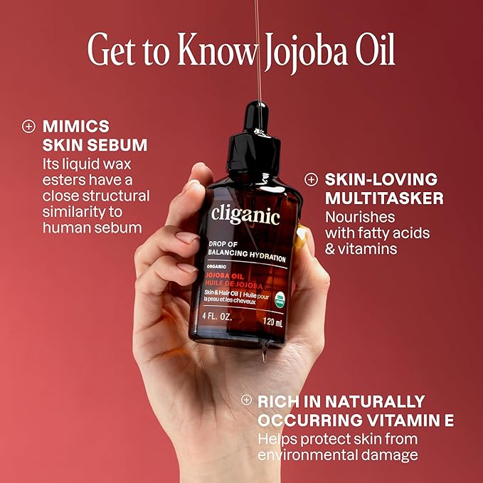 Cliganic Organic Jojoba Oil, 100% Pure (4oz) | Moisturizing for Face, Hair, Skin & Nails | Natural