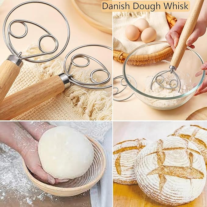 Banneton Bread Proofing Basket - 2 pcs 9" Round Basket with Liner, Dough Scraper & Whisk, Silicone Brush, Lame - Perfect for Sourdough Bread Baking, Artisan Sourdough Bread (2 pcs 9" Round & Tools)